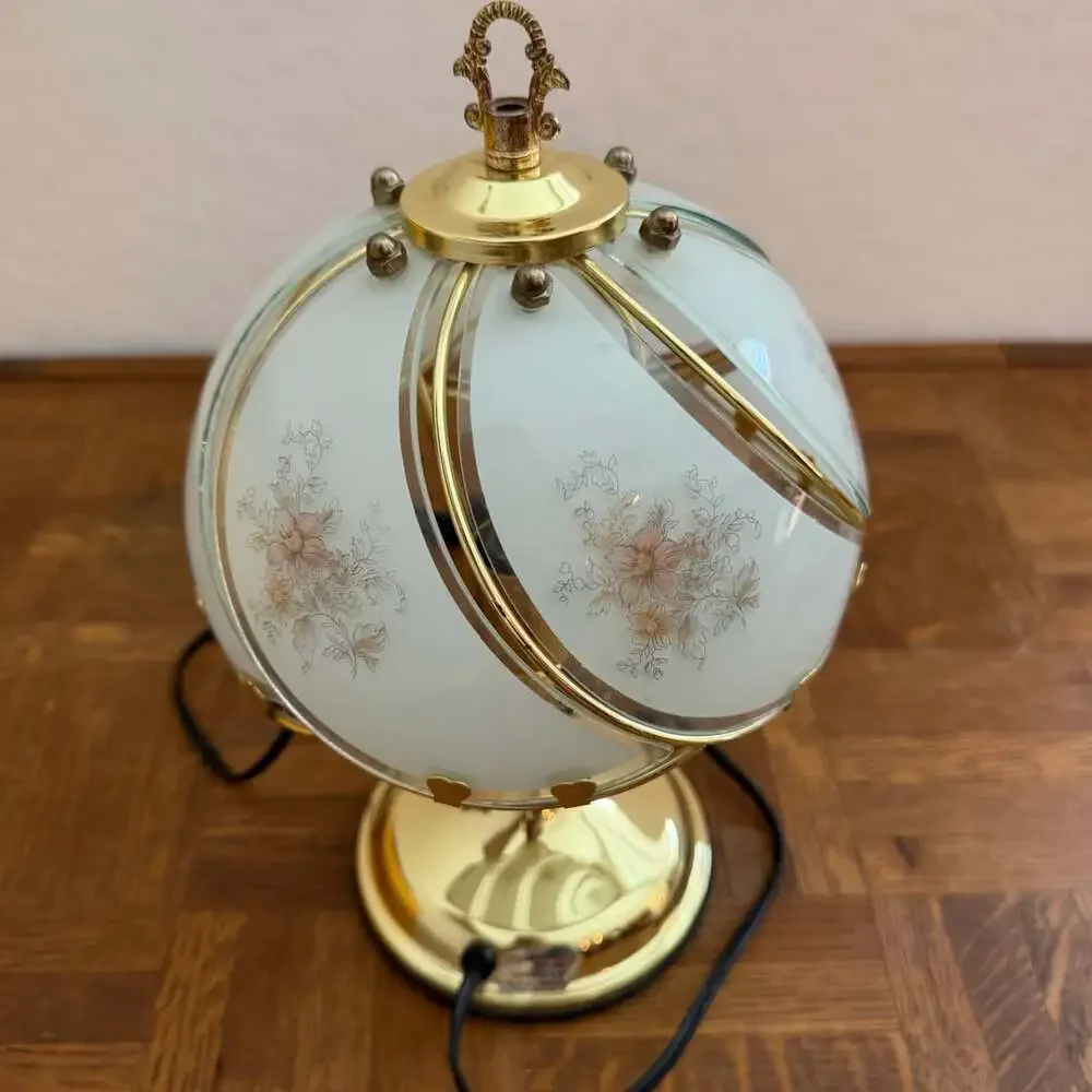 Vintage Floral Segmented Curved Glass Globe Touch Table Lamp with Brass Base